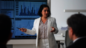 Manager che illustra ai suoi dipendenti un grafico con dati 